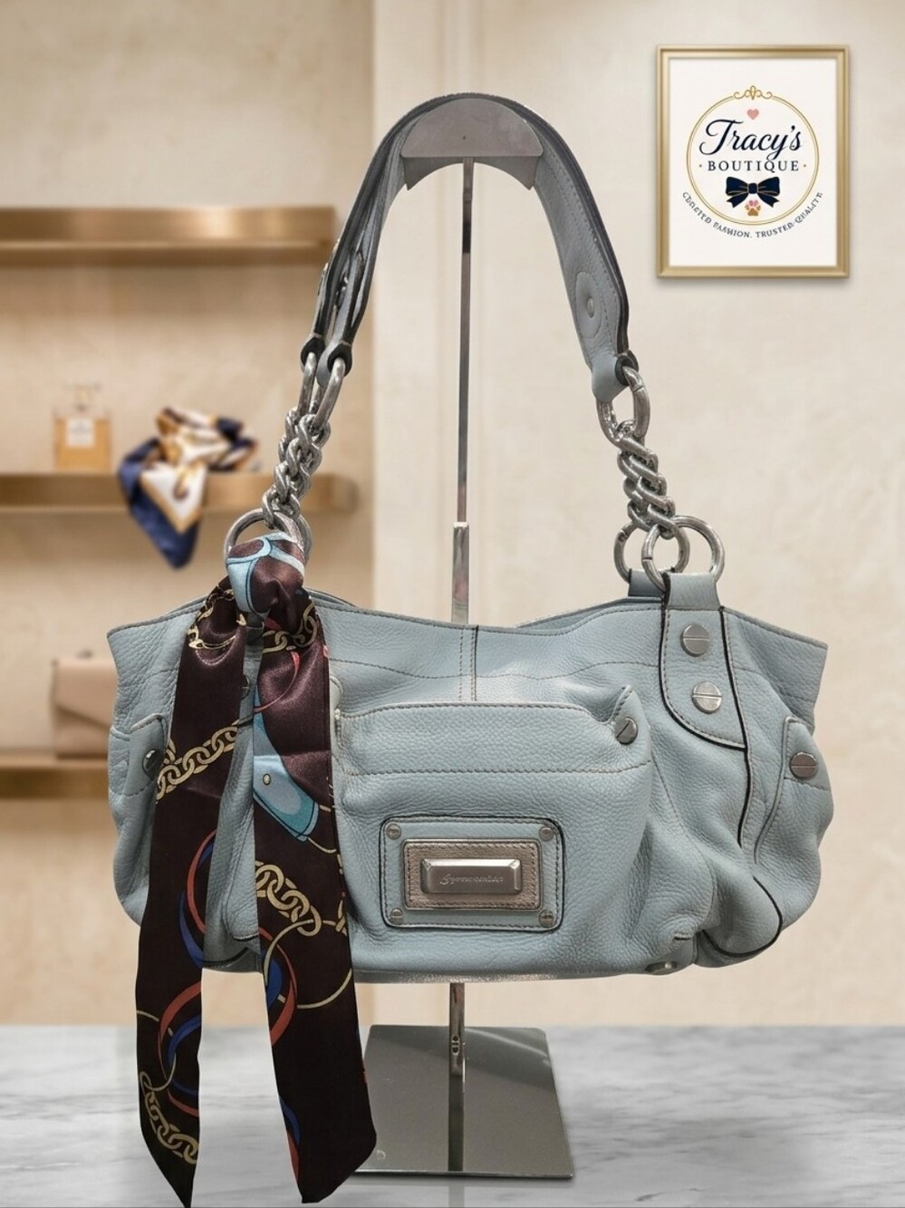 B Makowsky Blue Pebbled Leather Shoulder Bag